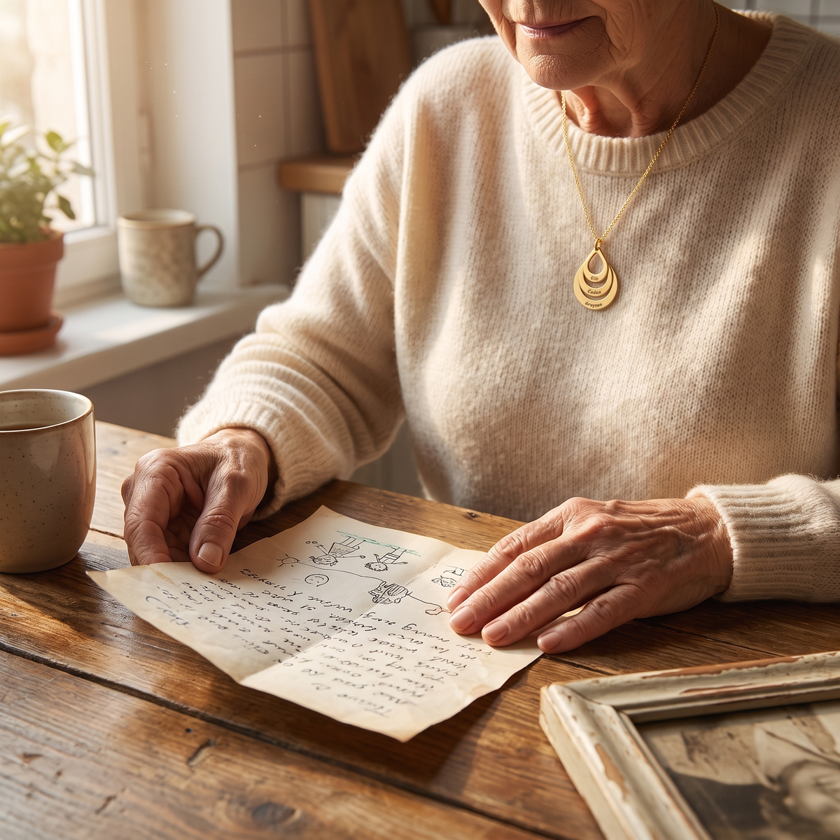 COEUR necklace worn by a grandmother reading a letter