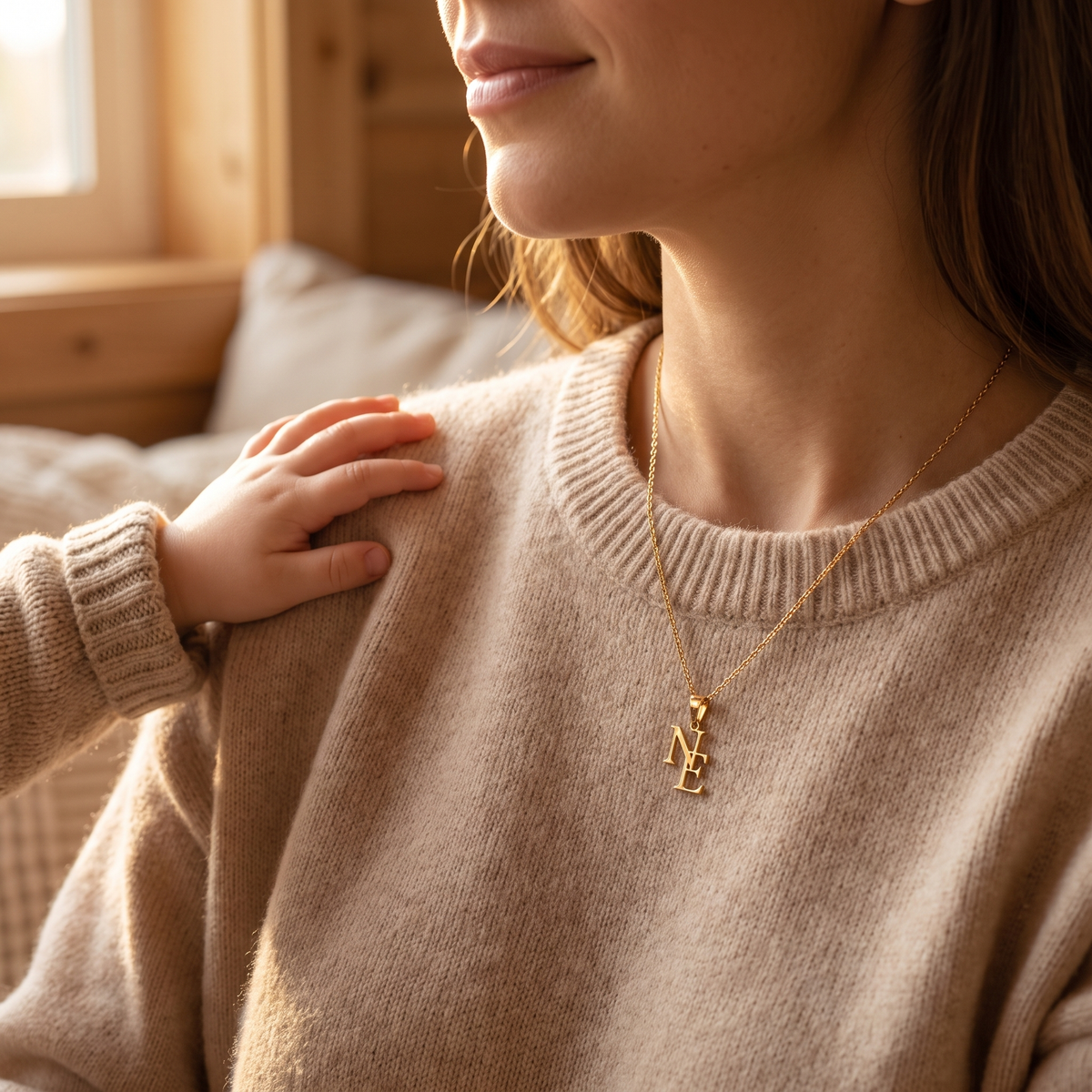 LUVED initials necklace worn by a mother
