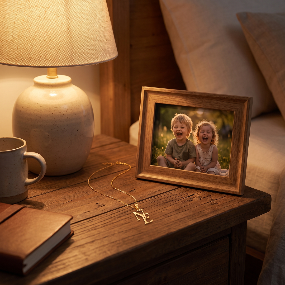 LUVED initials necklace on a nightstand