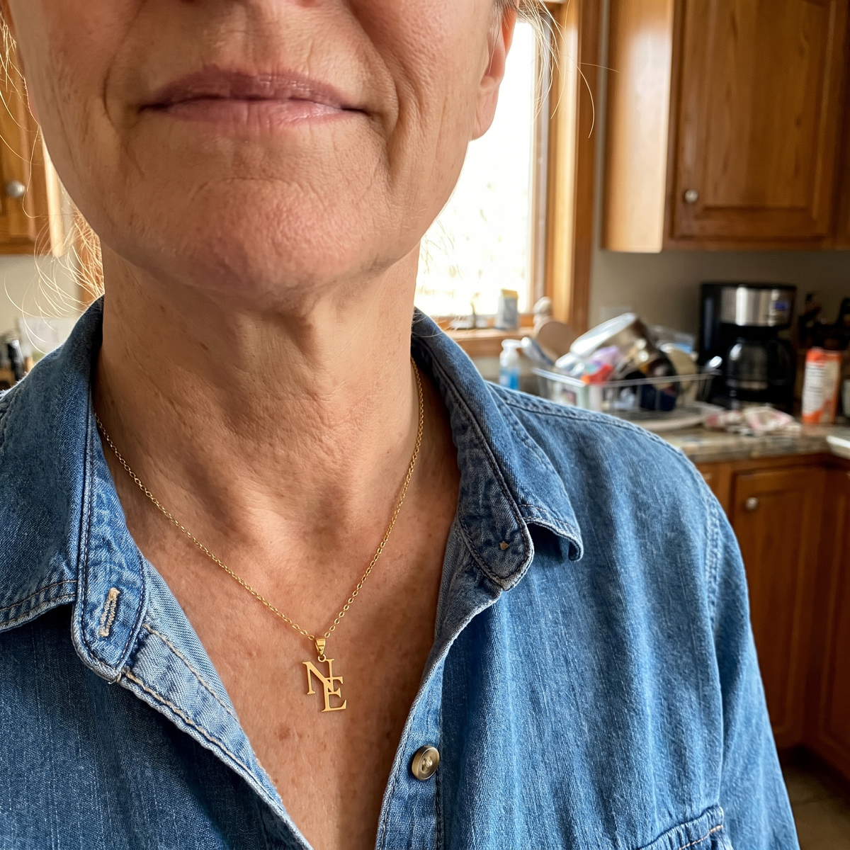 LUVED initials necklace worn at home
