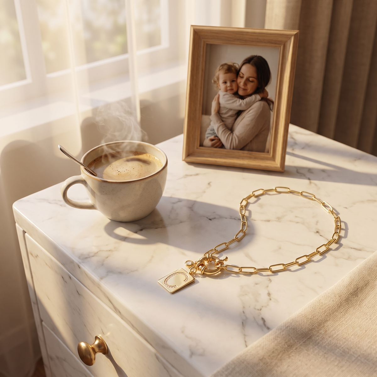 PAVE initial necklace on a dresser