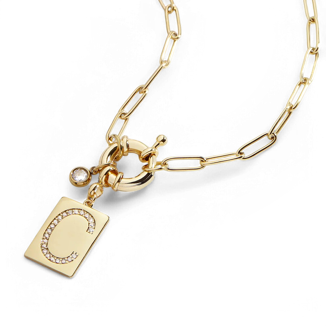 Pavé initial pendant necklace with paperclip chain, gold