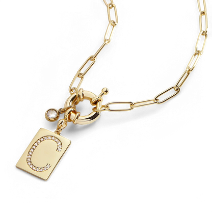 Pavé initial pendant necklace with paperclip chain, gold